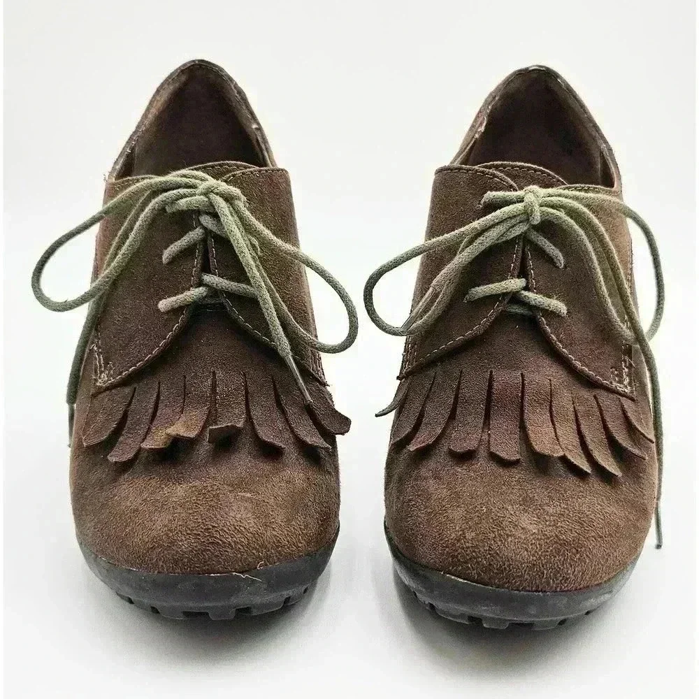 Y2K Tahari Women's Size 6 Temple Brown Oxford Lace-up Fringe Heel Booties